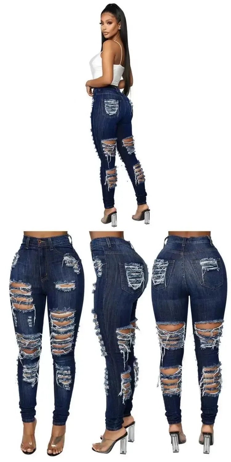 Quality Detail ® Dark Blue Ladies Ripped Urban Jeans