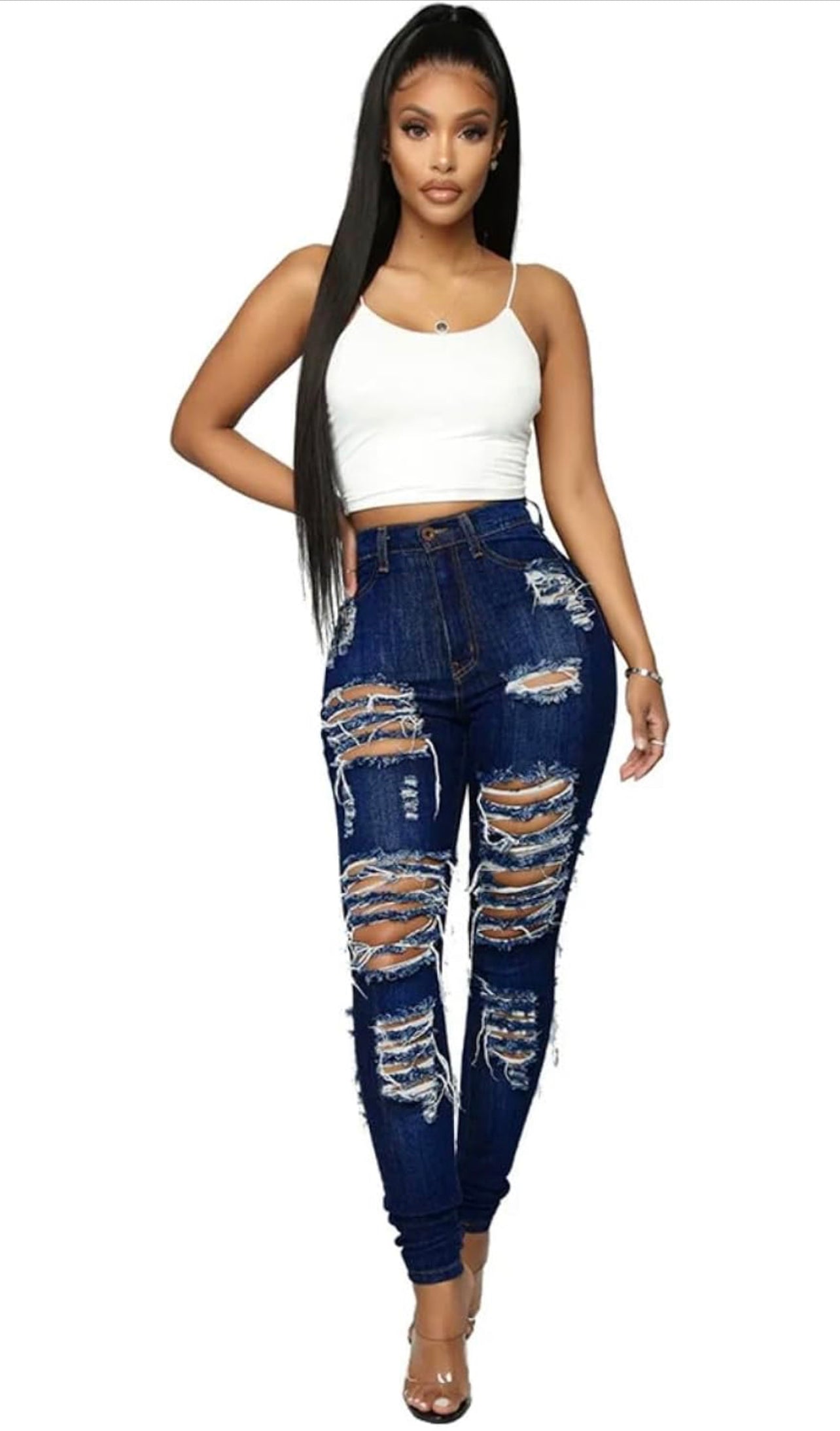 Quality Detail ® Dark Blue Ladies Ripped Urban Jeans