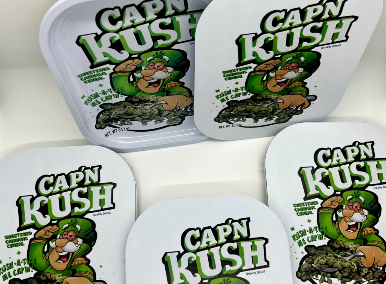 Cap'n Kush White Rolling Tray With Magnetic Lid 7 x 5 Inch