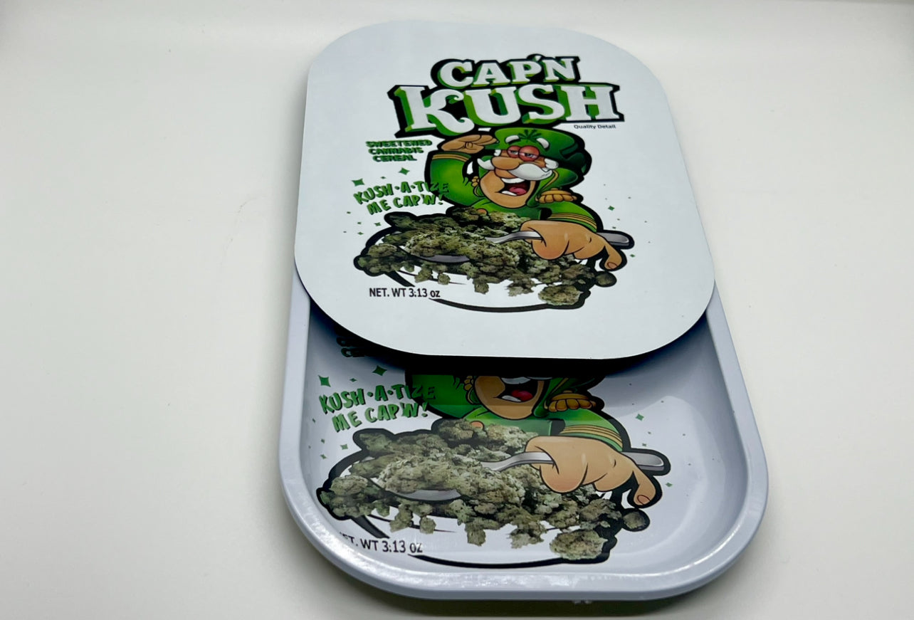 Cap'n Kush White Rolling Tray With Magnetic Lid 7 x 5 Inch