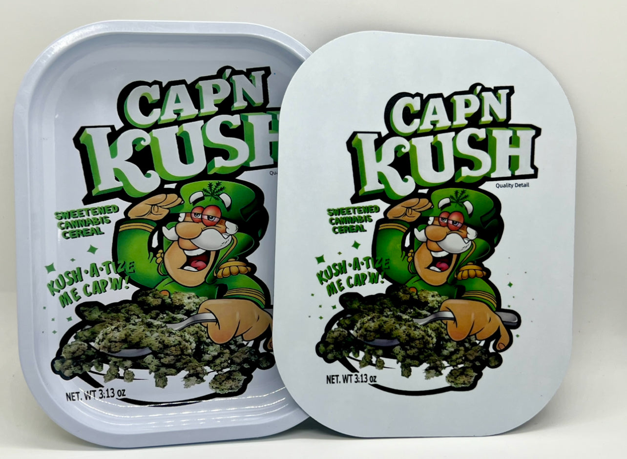 Cap'n Kush White Rolling Tray With Magnetic Lid 7 x 5 Inch